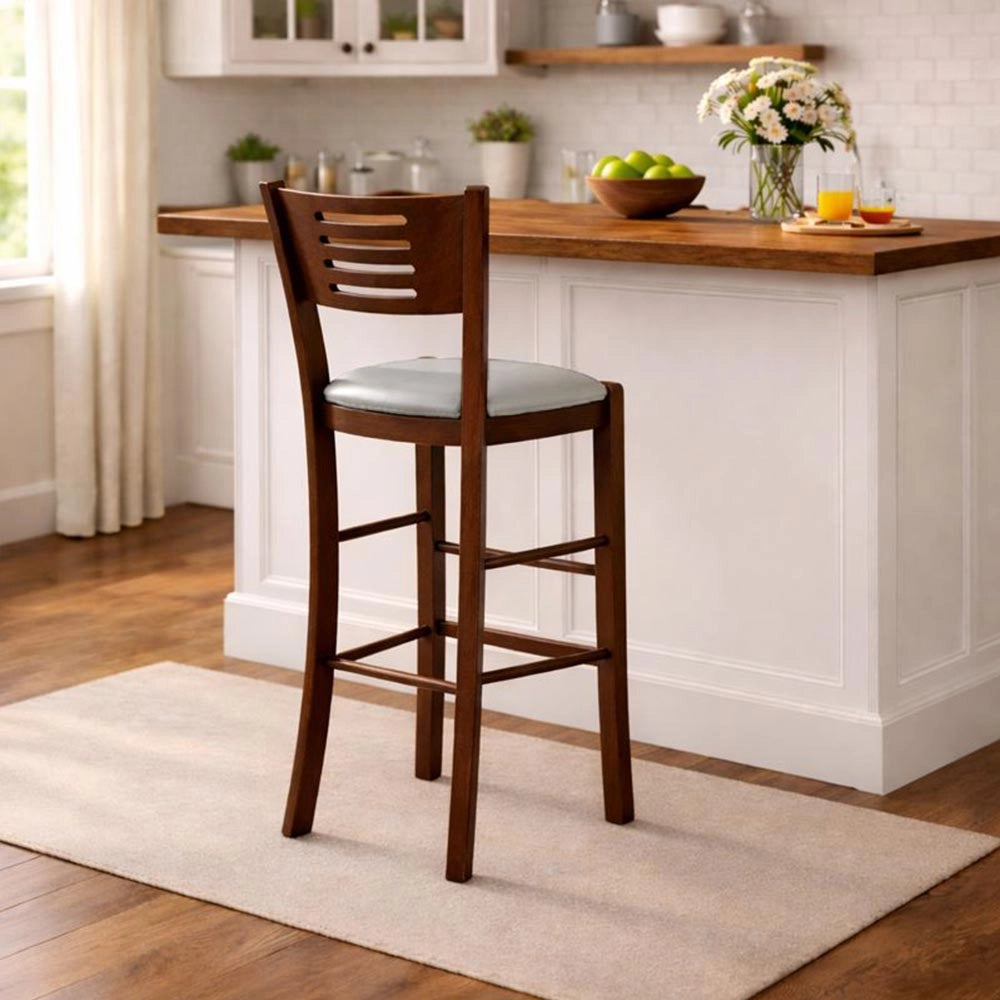 Sgabello verona in legno noce scuro h 73 con seduta imbottita grigio chiaro
