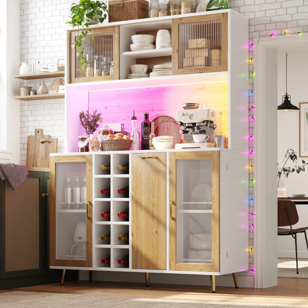 BUFFET 120x40x180 cm in MDF Bianco effetto legno con LED e presa integrata