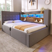 OKWISH Letto Contenitore 90×200 cm, Letto Singolo con LED Regolabile, USB e Tipo C, Testiera a L Reversibile, senza Materasso, Grigio