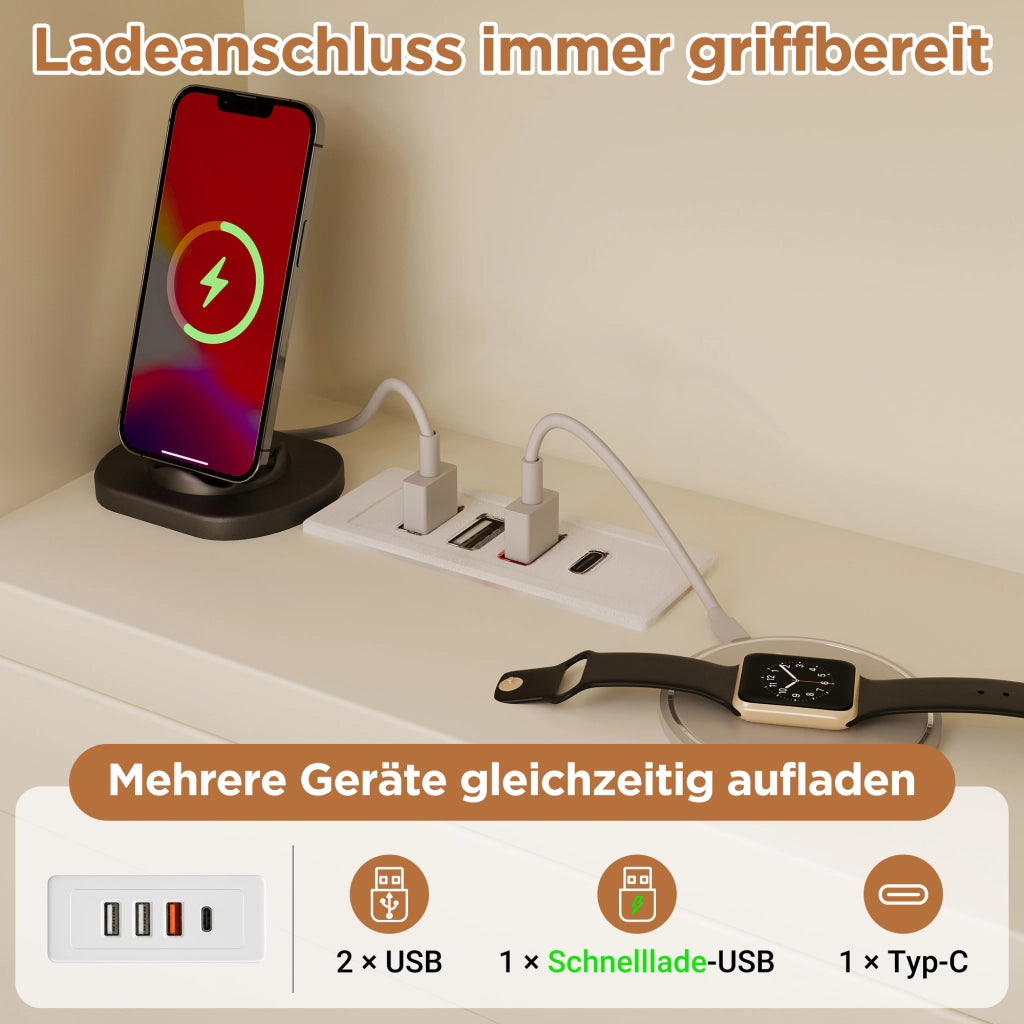 Letto in legno bianco con illuminazione a LED e USB cassetti 90x200 cm