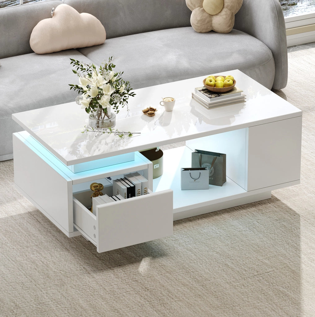Tavolino da caffè 100x50x36 cm con LED; cassetto e ripiani laterali bianco HAVRYA