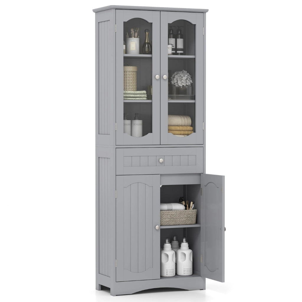 Armadio da bagno alto-Mobiletto da bagno 160cm con 2 porte in vetro 2 ripiani regolabili e 1 cassetto, Mobile autonomo per cucina Grigio