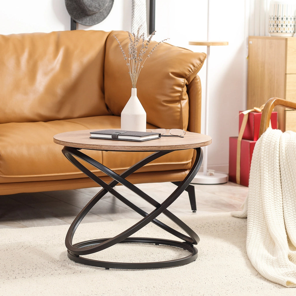 Tavolino da caff¨¨ rotondo stile industriale ¨C zephmum ¨C metallo nero piano legno ?60x46 cm