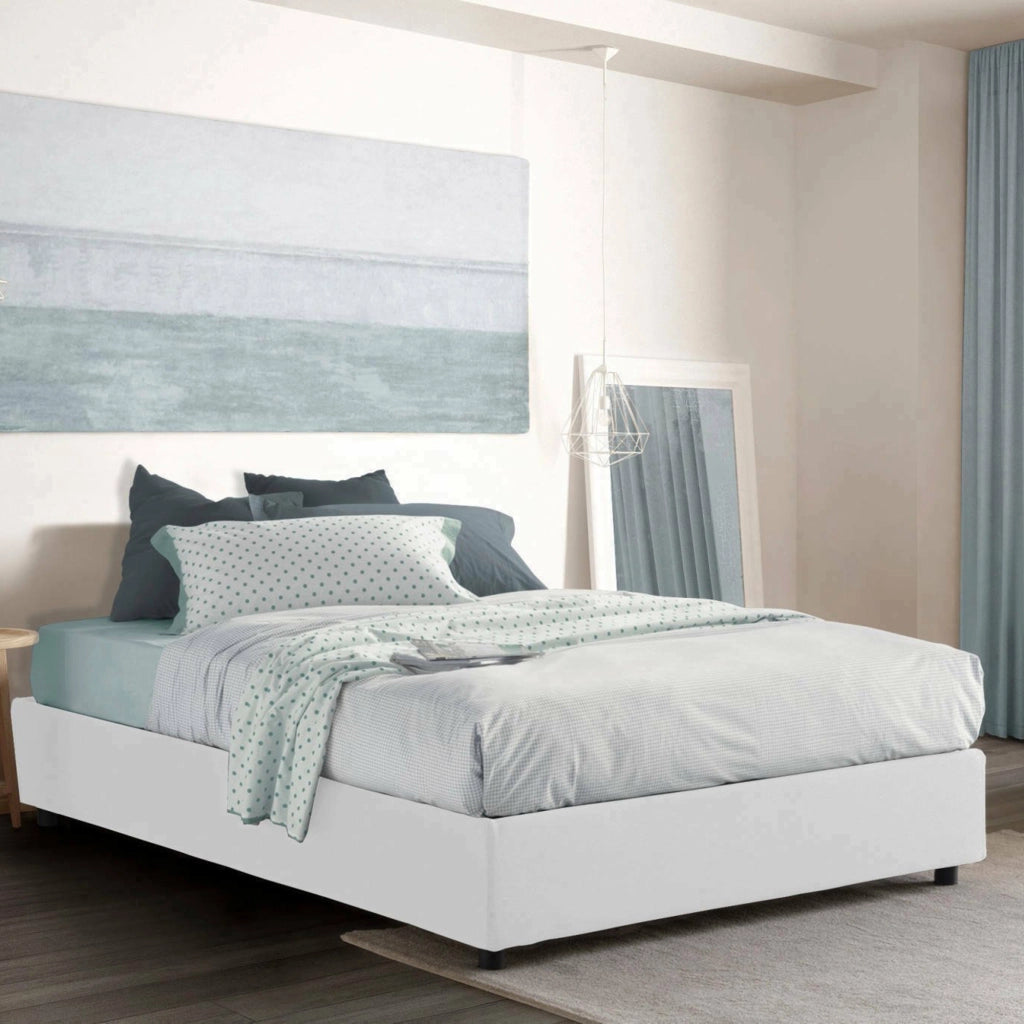 Letto matrimoniale Alaksir, Letto contenitore con rivestimento in tessuto, Made in Italy, Apertura frontale, con materasso cm 140x200 incluso, Bianco
