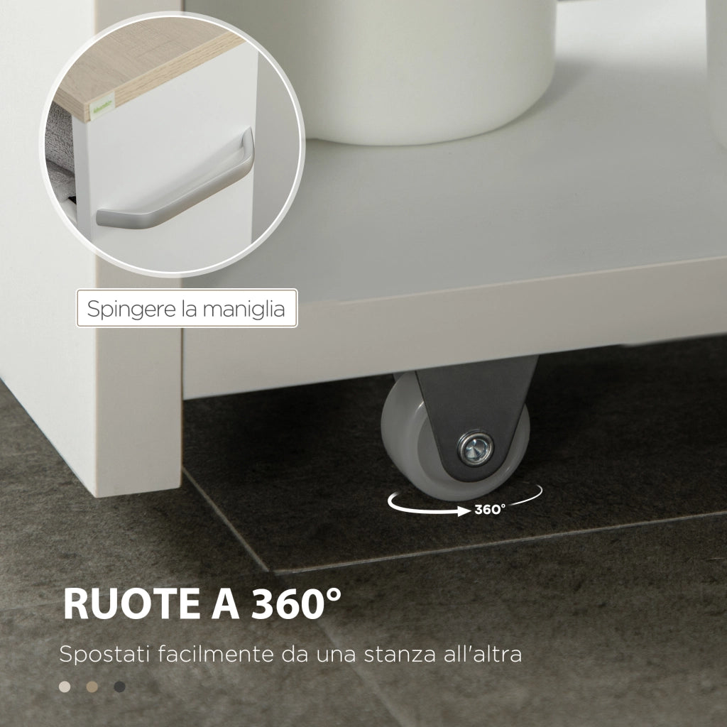 EasyComfort Carrello Bagno Salvaspazio a 3 Ripiani con Rotelle e Maniglia in Legno, 48x15x80cm, Bianco