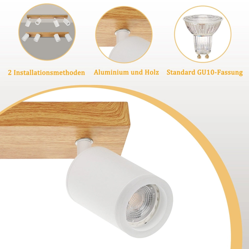 ZMH Faretto da soffitto 4 luci GU10 legno acrilico orientabili 350° per soggiorno