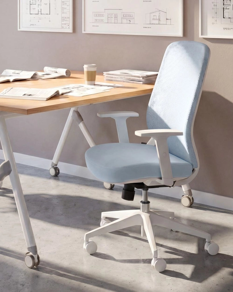 Sedia da ufficio in tessuto a rete azzurro con supporto lombare, braccioli regolabili e sedile scorrevole