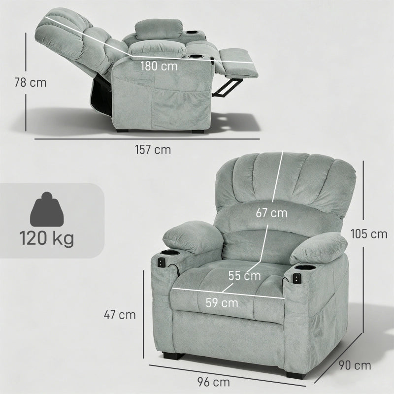 Poltrona relax elettrica con funzione reclinabile, memoria, USB, portabicchieri e tasche laterali in poliestere grigio