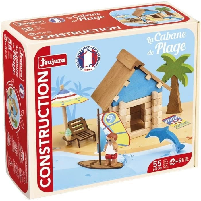 The Beach Hut 55 Pezzi - JEUJURA - Gioco di Costruzioni in Legno Naturale, Tappetino e Accessori Inclusi, 22x18,5x8,5 cm