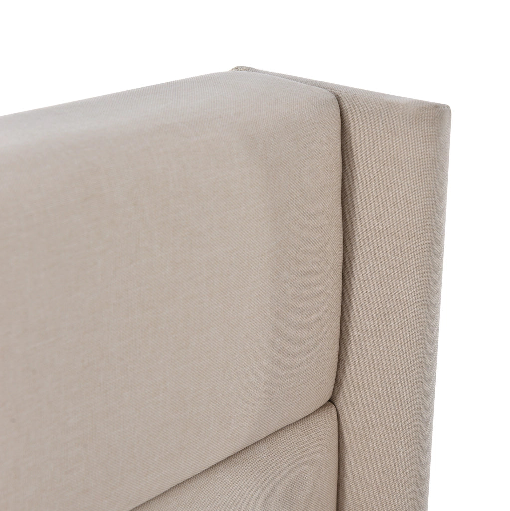 Letto matrimoniale contenitore 140x200 cm in lino beige con rete sollevabile e testiera imbottita