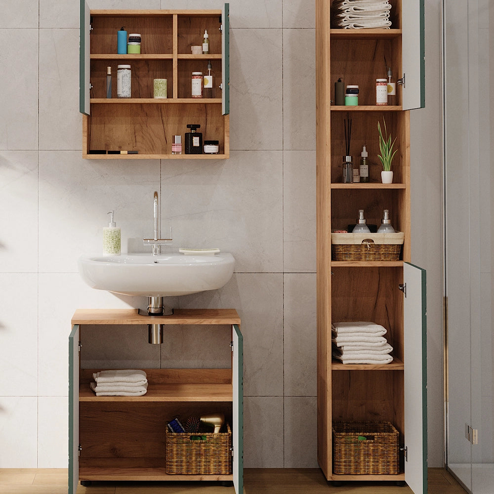 Vicco Set mobili bagno Quercia verde/oro 3 parti, con colonna