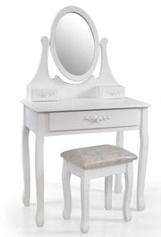 CONSOLLE PER MAKE UP CON SGABELLO E SPECCHIO TONDO 70X40X132CM COLORE BIANCO