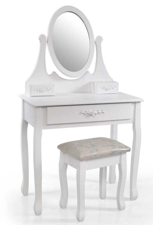 CONSOLLE PER MAKE UP CON SGABELLO E SPECCHIO TONDO 70X40X132CM COLORE BIANCO