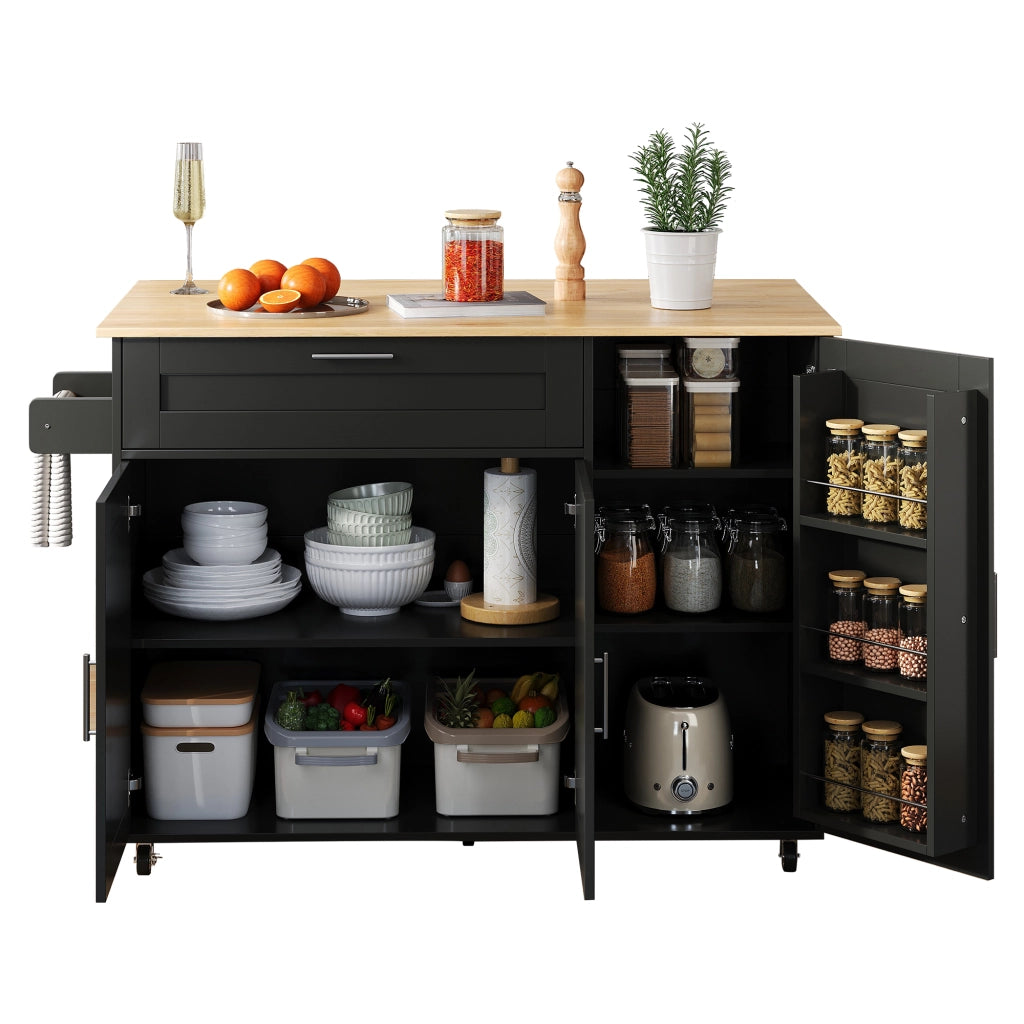 Carrello da Cucina con 2 Ante; 1 Cassetto; Ripiani Regolabili e Portasciugamani; in MDF; Nero e Naturale; 132;5 x 44 x 90 cm