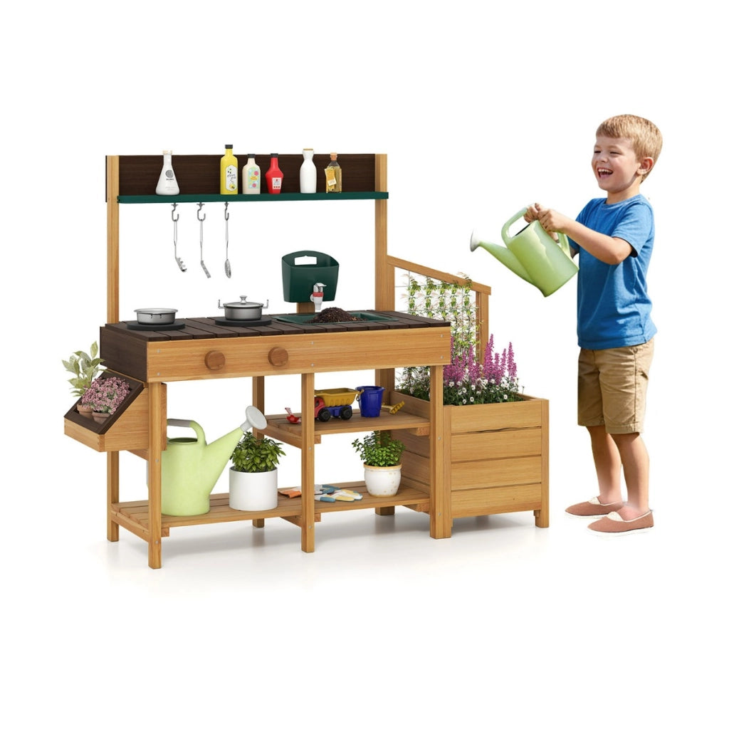 Cucina da esterno in legno per bambini 3-8 anni con accessori realistici-Cucina da gioco con cassettiera per piante Naturale