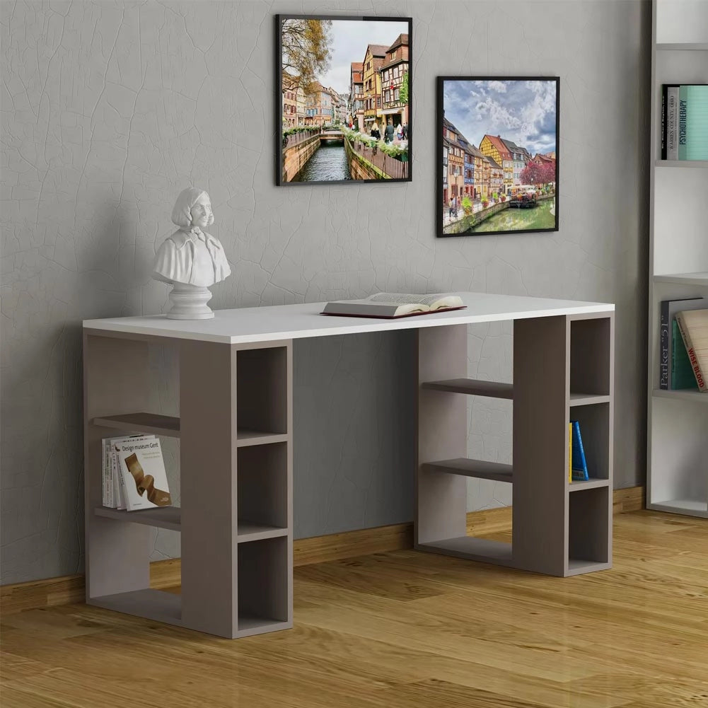Scrivania con Libreria 6 Ripiani 140x60x75 cm Tavolo Porta Pc Computer in Legno Tortora