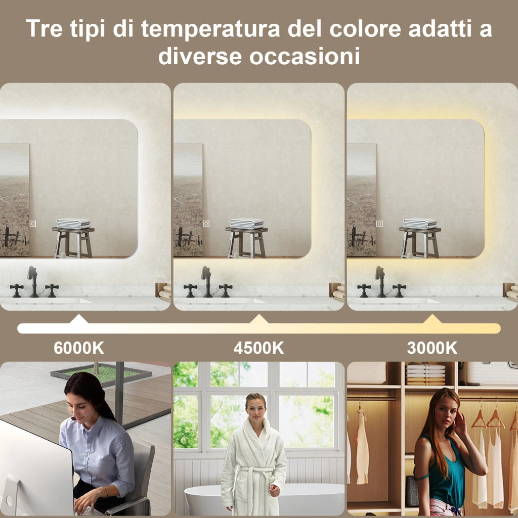 Specchio bagno Rettangolare 100x70cm Retroilluminato Con Led, 3 Luci, Design Moderno