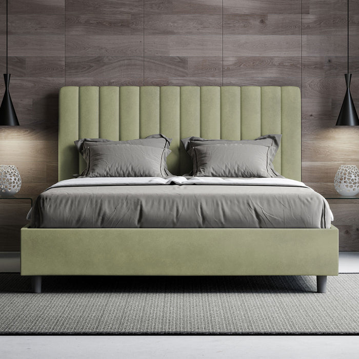 Letto Matrimoniale 160x210 cm con Rete e Contenitore con Testata e Alzata Comoda Imbottito in Microfibra Agueda Tè Verde
