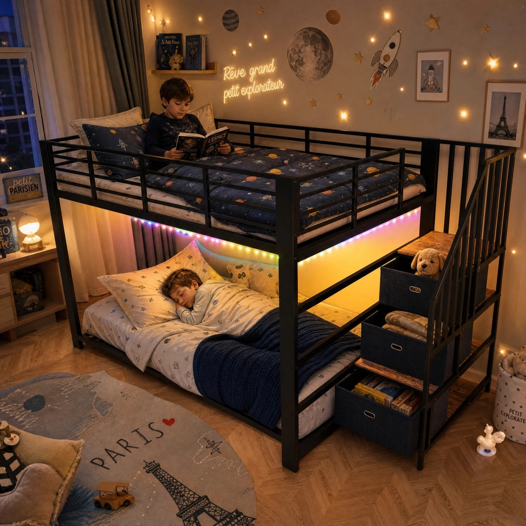 Letto a castello 140x200 cm con scala contenitore e LED in MDF e metallo nero