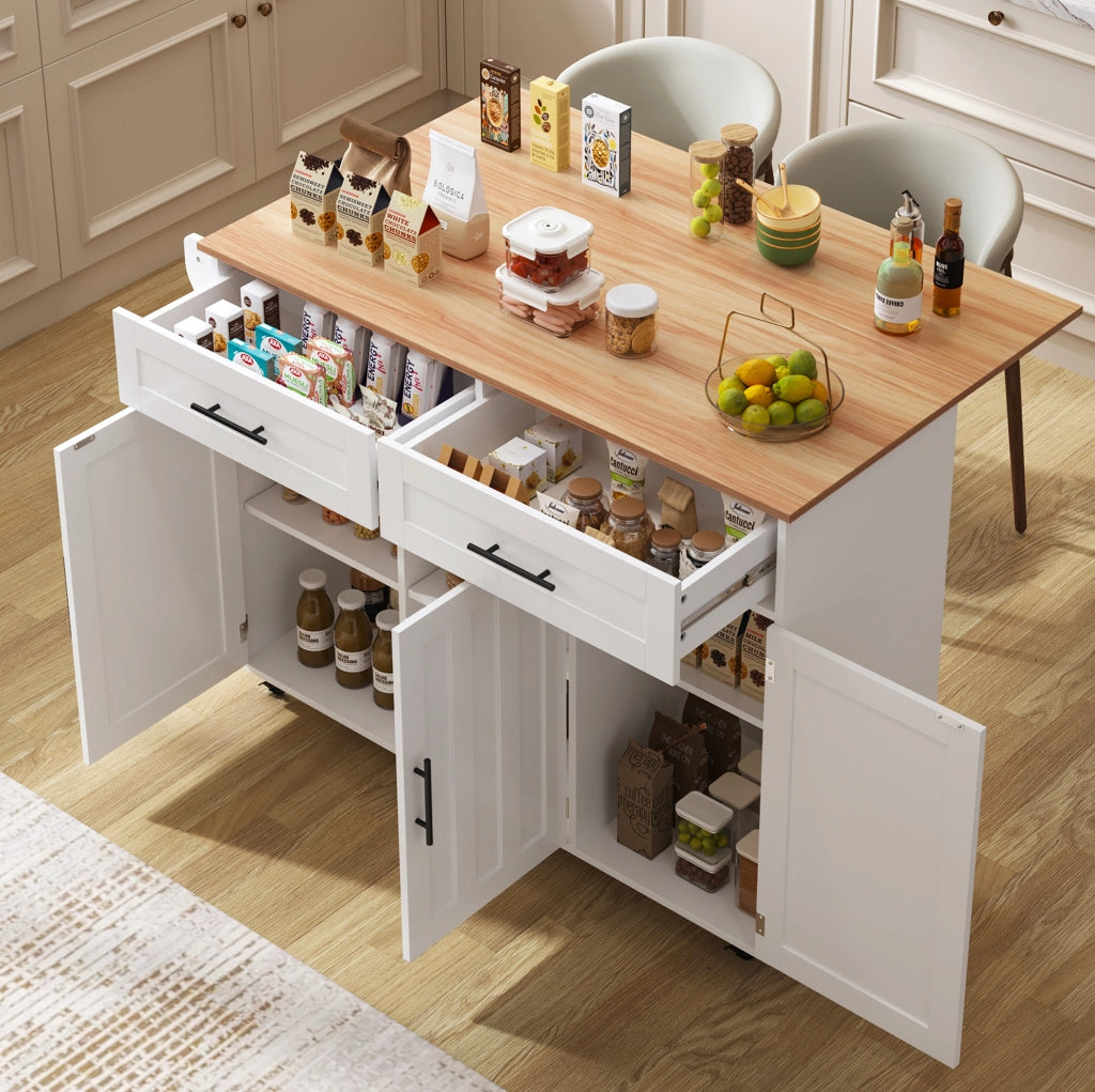 Carrello da cucina 129x71x91.5 cm con piano ribaltabile e ampio spazio; MDF; bianco naturale