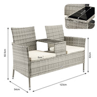 Panca da Giardino con Tavolino Integrato 123x54x 82,5 cm in Polyrattan e Vetro Grigio