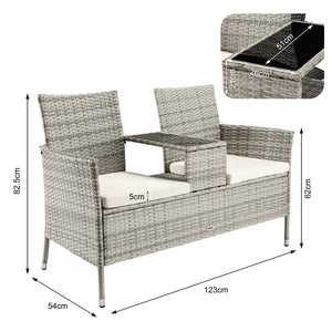 Panca da Giardino con Tavolino Integrato 123x54x 82,5 cm in Polyrattan e Vetro Grigio