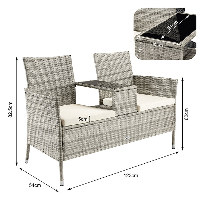 Panca da Giardino con Tavolino Integrato 123x54x 82,5 cm in Polyrattan e Vetro Grigio