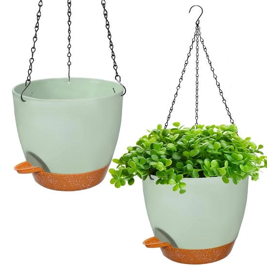 Pianta appesa con sistema di irrigazione, set di 2 maniglie in plastica da 20,5 cm per esterno e interno, vaso autoirrigante per piante con 3 ganci per esterno, interno, soffitto, balcone, decorazione per parete (verde)