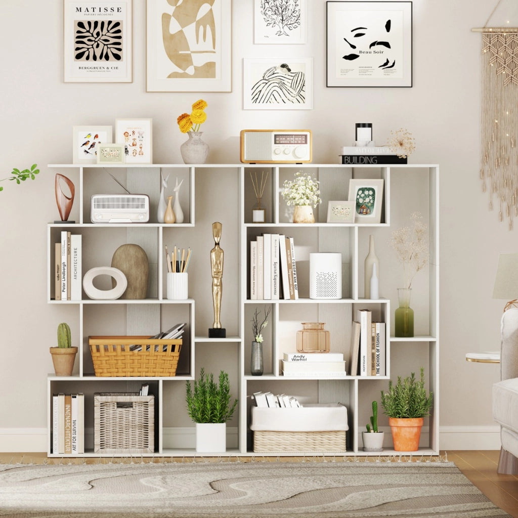Grande libreria a 6 cubi con kit anti-ribaltamento unit¨¤ di scaffali autoportante, Libreria geometrica aperta Bianco-Scaffali e librerie