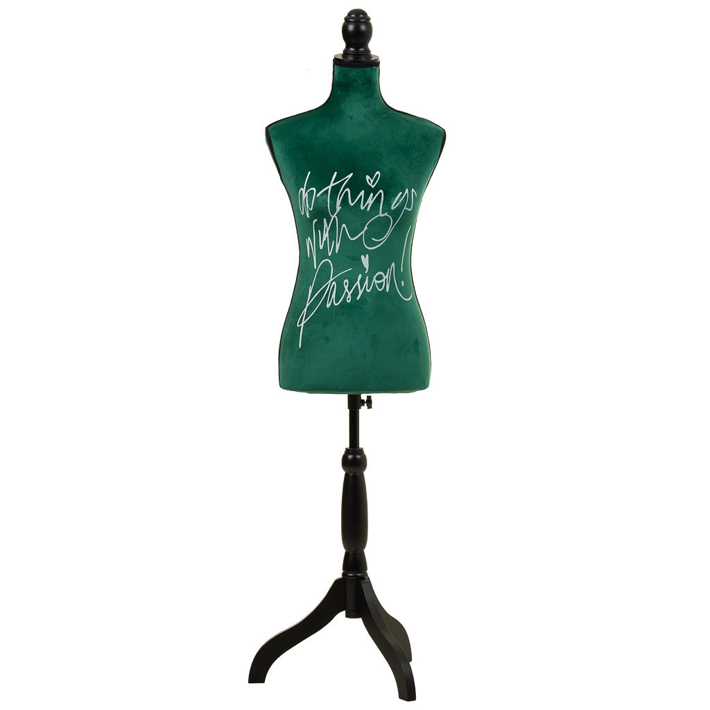 Manichino in legno e schiuma rivestito in tessuto verde 24x37,5x168h