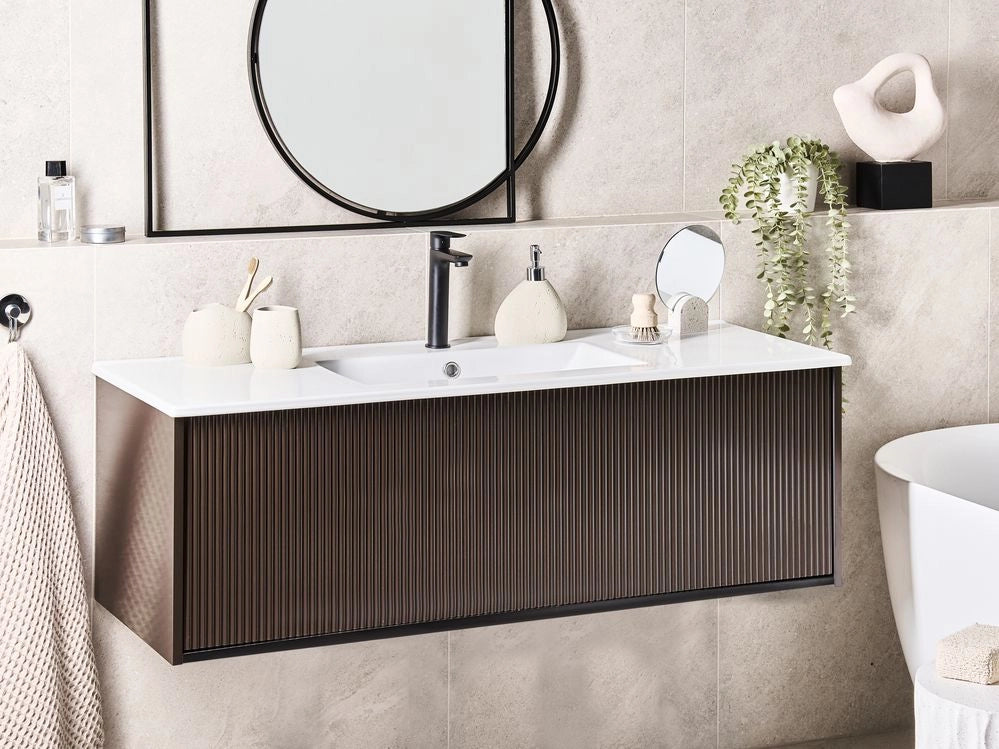 Mobiletto a muro con lavabo in legno massiccio per il bagno 120 cm Marrone design moderno