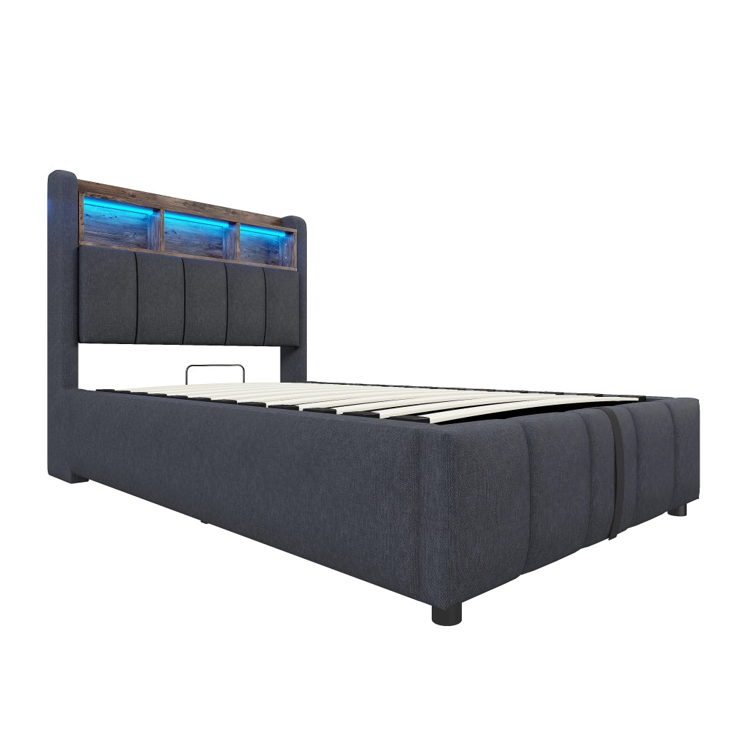 Letto contenitore singolo 90×200 cm con LED; USB e Type-C; materasso incluso; grigio