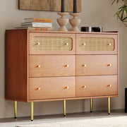 Cassettiera vintage a 6 cassetti in effetto noce con dettagli in rattan e gambe in metallo, 120 cm