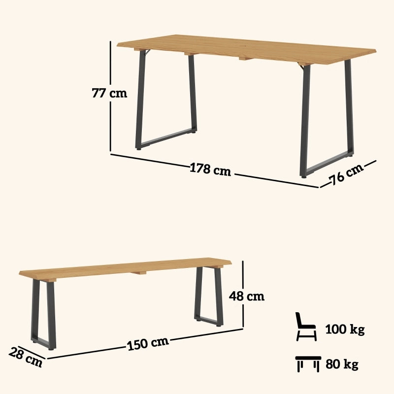 Tavolo da pranzo per esterni con 2 panche e foro ombrellone, in legno e acciaio, per giardino, 178 × 76 × 77 cm