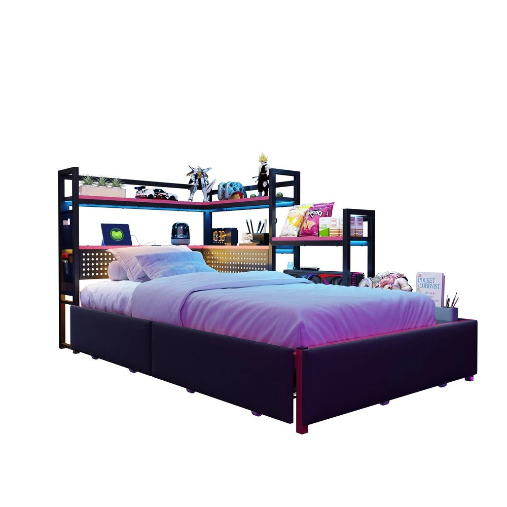 Letto Gaming con Cassetti, LED e Scaffali ¨C Xylo ¨C Metallo, Nero