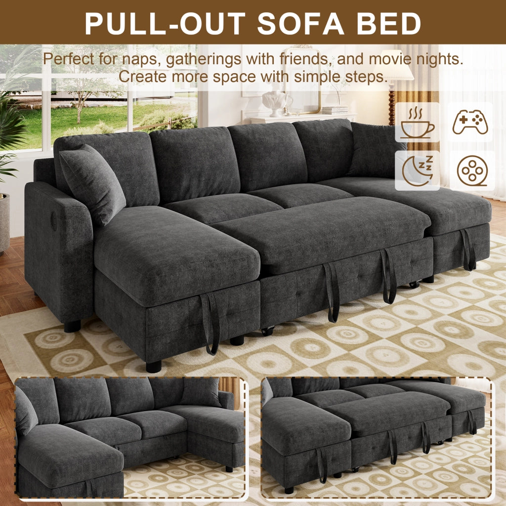 Divano angolare convertibile in chenille con funzione letto, contenitore, USB e tipo C, grigio scuro 260 × 128 × 82 cm
