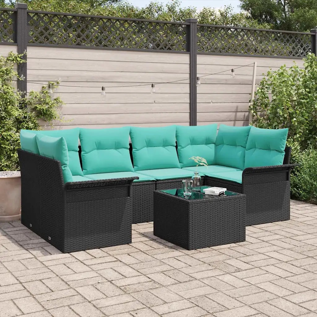 Set Divano da Giardino 7 pcs Nero e Turchese polyrattan