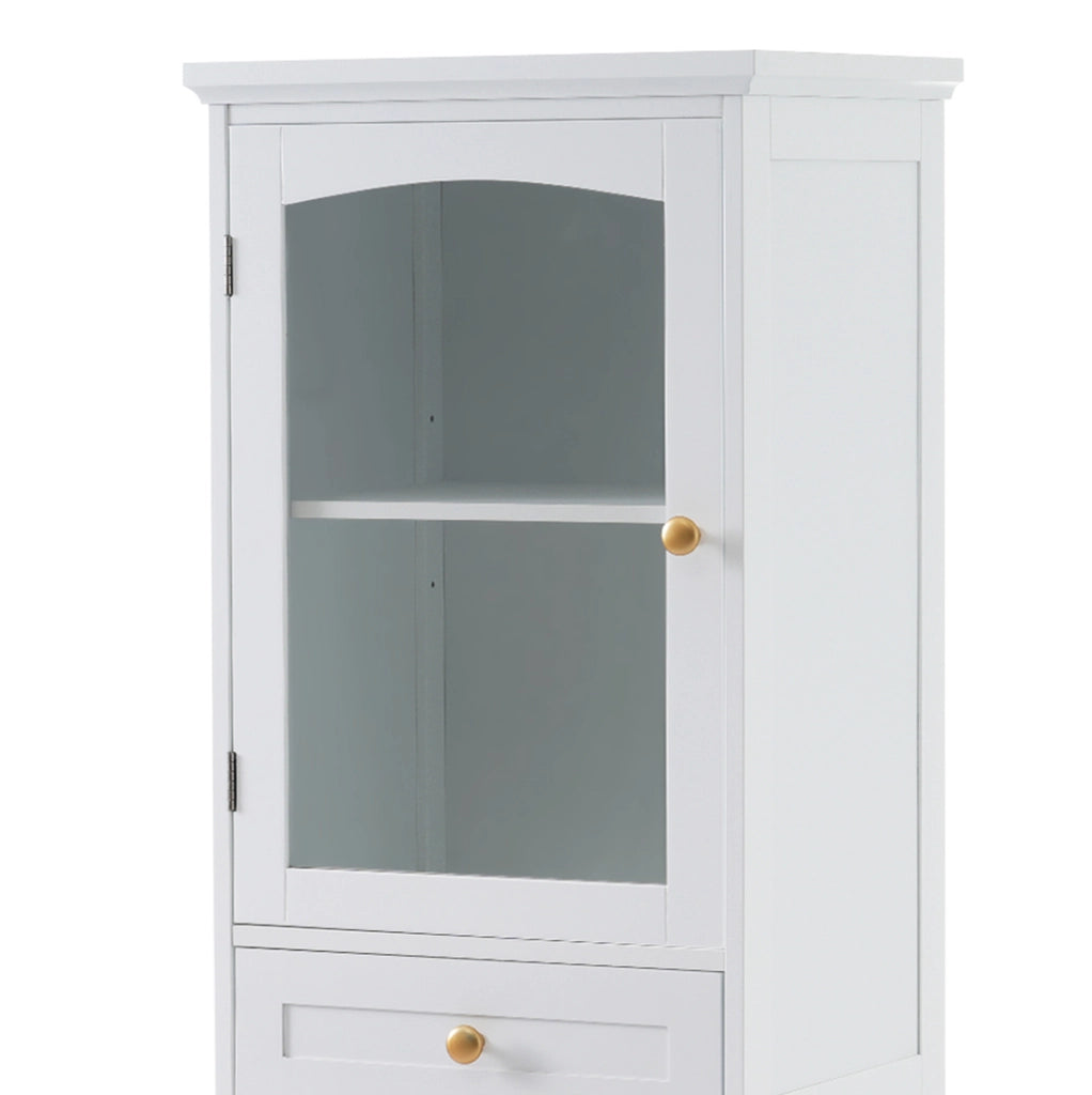 Armadio da bagno in MDF e vetro, 45 x 36 x 160 cm, bianco, con 2 cassetti e ripiani regolabili
