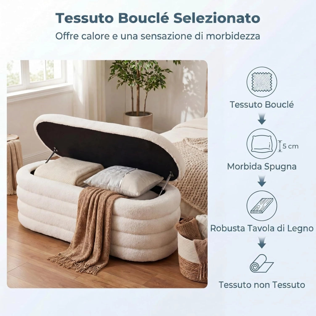 Poggiapiedi Contenitore con Ampio Interno da 108,5 L, Sedia Imbottito per Interno, Sgabello Portaoggetti per Camera da Letto, Soggiorno e Studio, 123,5 X 46 X 42,5 CM, Beige