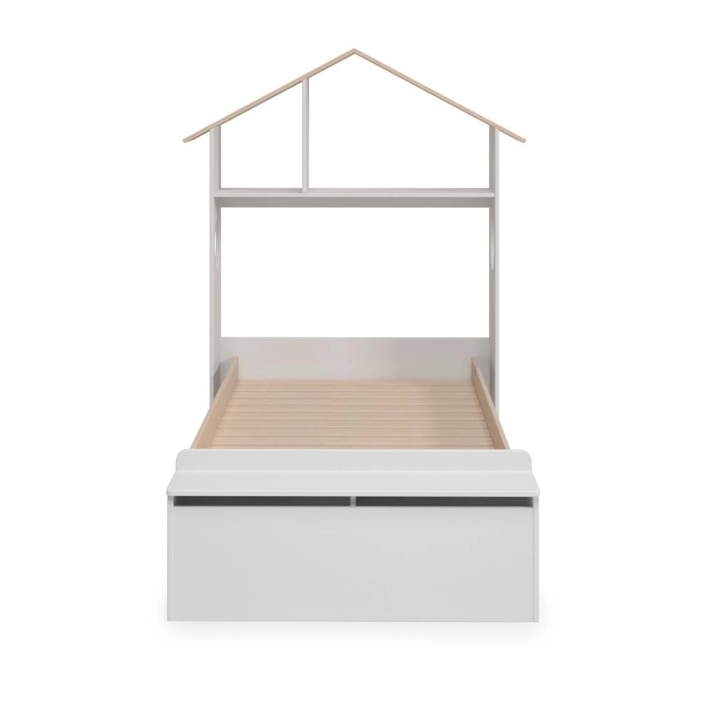 Letto singolo Odessa con testiera casetta e pediera contenitore in legno massiccio colore bianco