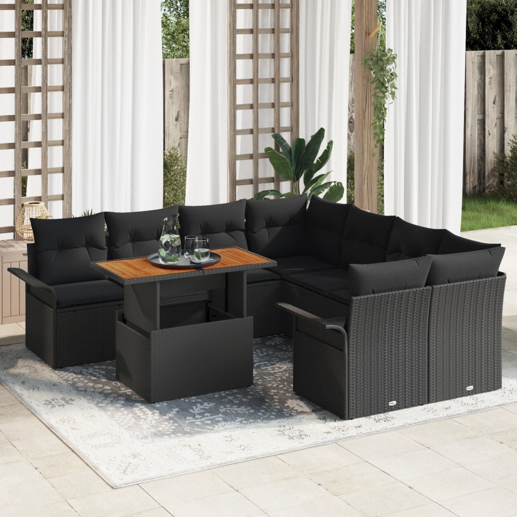 Set Divano da Giardino 9 Pezzi con Cuscini Nero Polyrattan