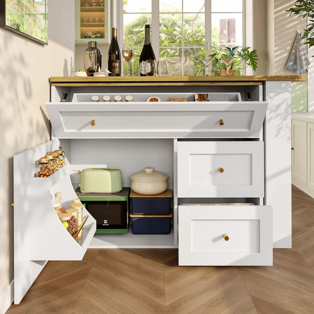 Tavolo Bar Estensibile con 2 Cassetti a Ribalta; Vani Contenitore e Piano Girevole; in MDF; 138-204x39x105 cm; Bianco