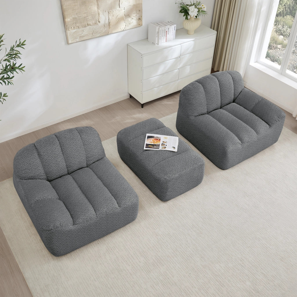Divano angolare modulare senza struttura con pouf e seduta ampia in pile granulato grigio 210 × 165 × 79 cm