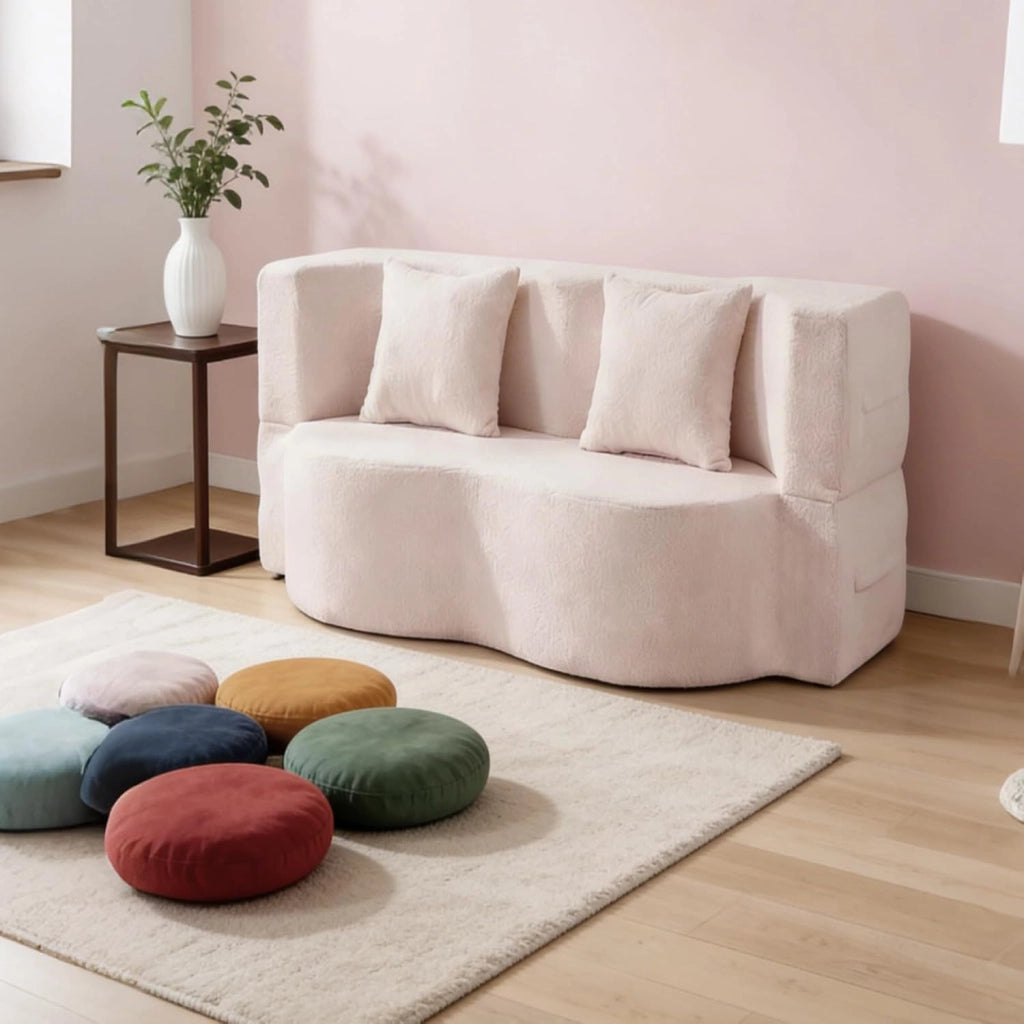 Divano Letto Pieghevole 2 in 1, Divanetto Convertibile Salvaspazio con 2 Cuscini, Tessuto in Peluche Teddy e Spugna ad Alta Densità, Poltrona Letto per Soggiorno, Camera da Letto (Bianco)