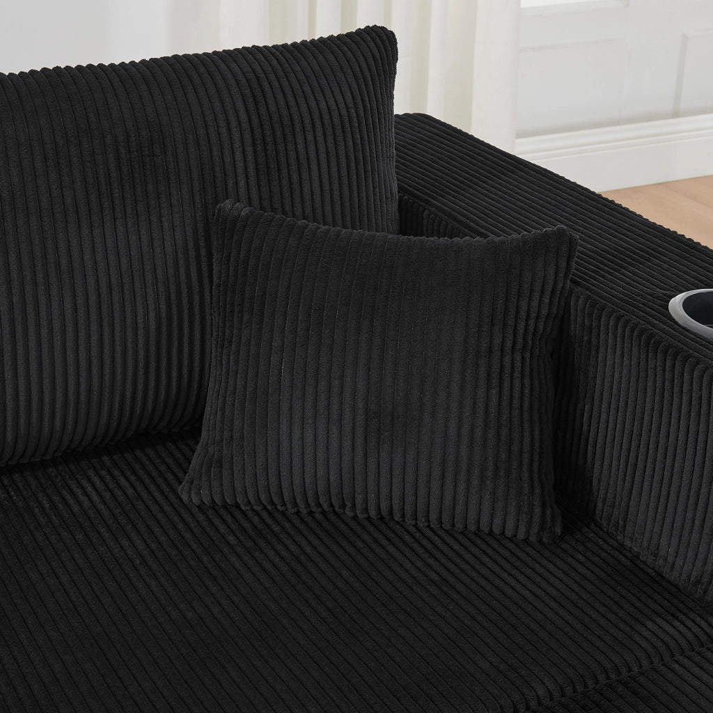 Divano angolare modulare 3 posti con pouf mobili portabicchieri tasche laterali e cuscini in velluto a coste nero