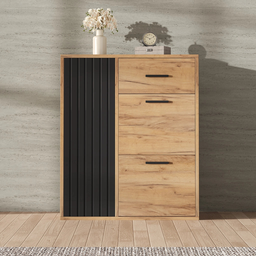 Mobile porta scarpe moderno con cassetto, 3 ante e ripiani regolabili, nero e naturale, 80 x 24 x 95,5 cm