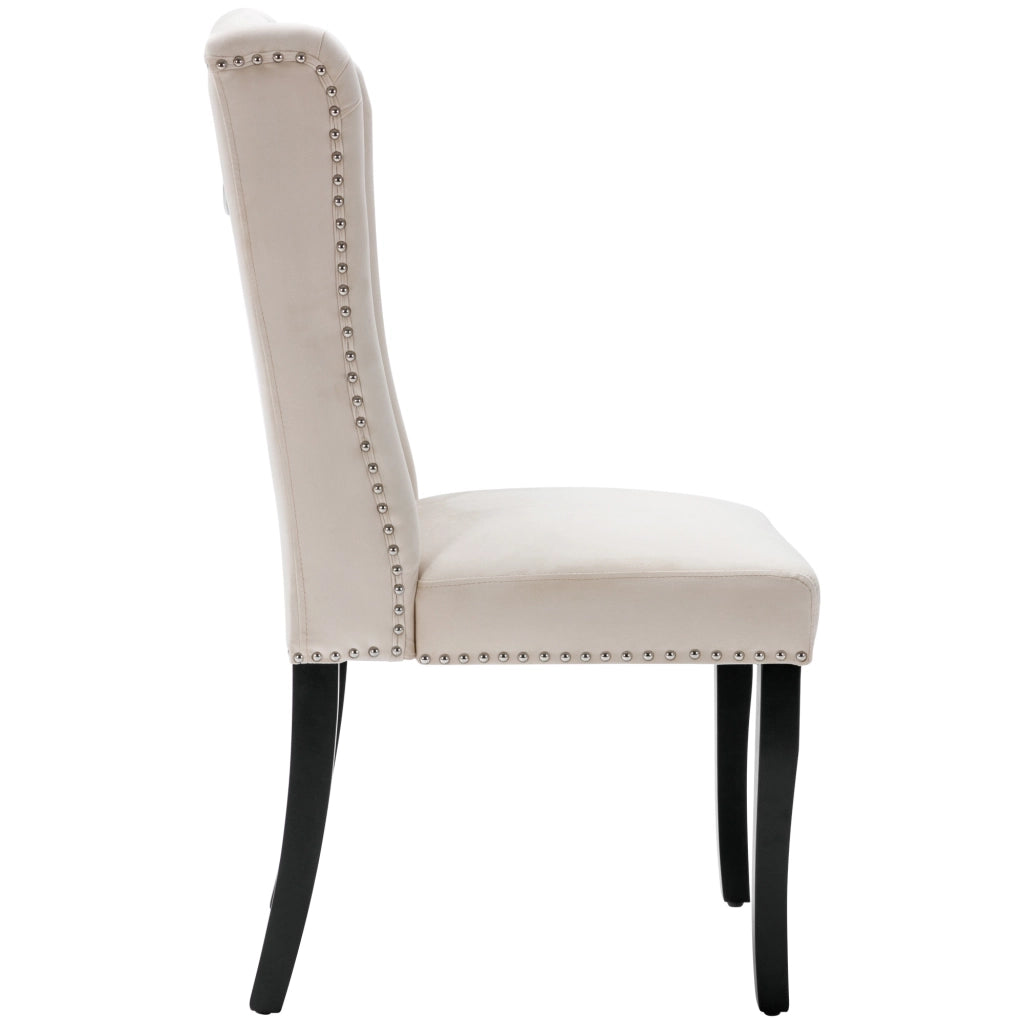 Sedia da sala da pranzo 2 pezzi in velluto con bottoni e borchie argentate, schienale curvo e gambe in rovere beige
