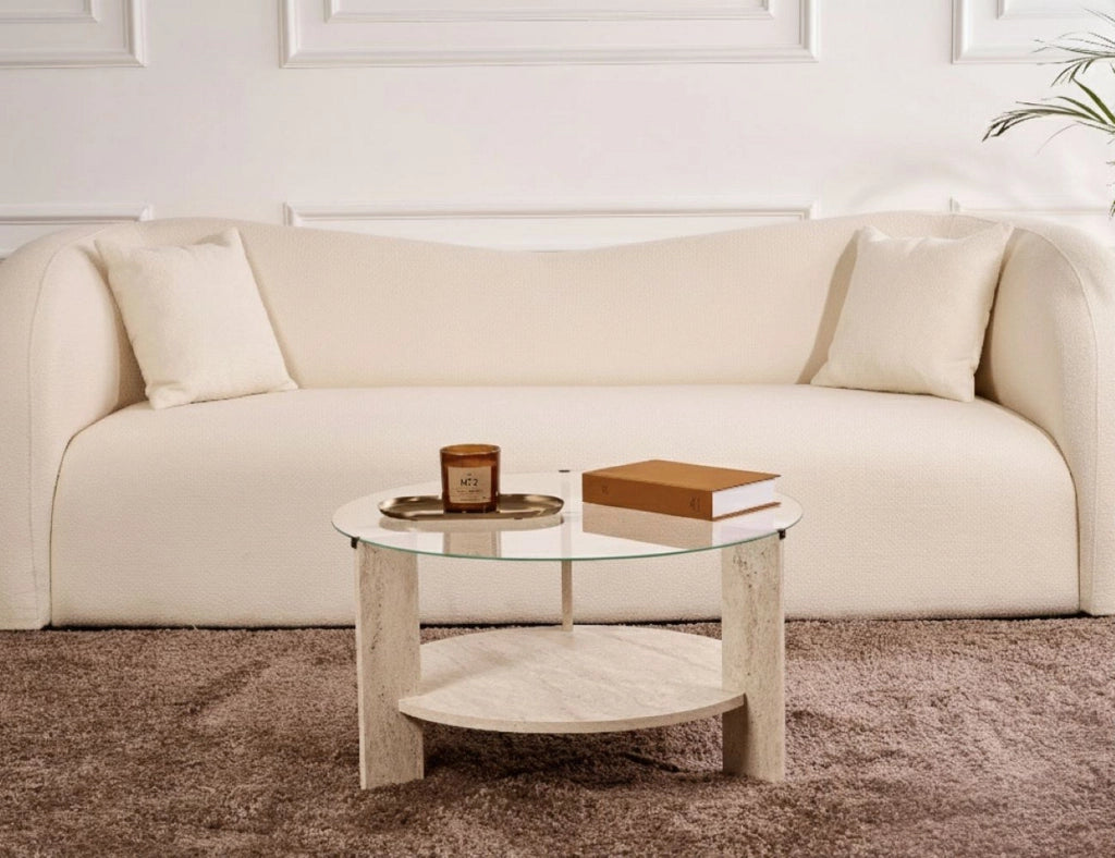 Canevino, Tavolino da Salotto Forma Rotondo, 75x75x40h cm Bianco Marmo