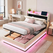 Letto singolo con contenitore 90 × 200 cm imbottito con LED; USB e Type-C; testiera apribile in lino beige
