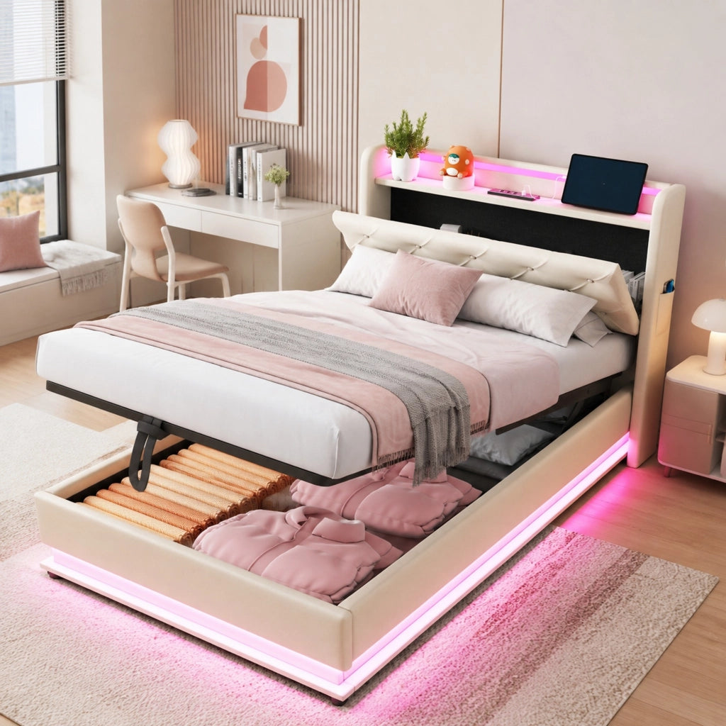 Letto singolo con contenitore 90 × 200 cm imbottito con LED; USB e Type-C; testiera apribile in lino beige
